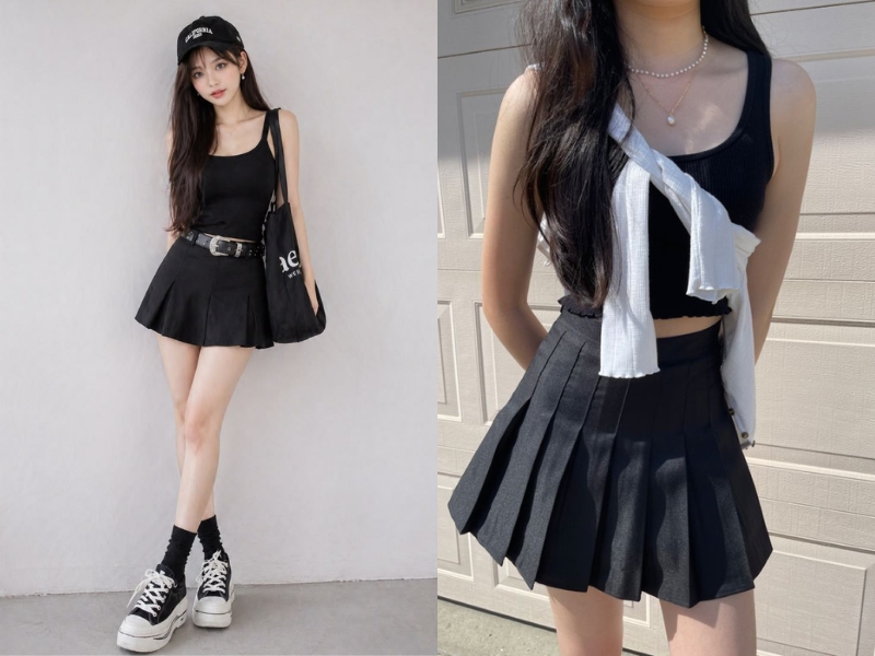 Chân váy xếp ly đen phối áo hai dây nữ tính