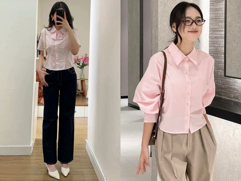 Áo sơ mi croptop phối quần tây cạp cao 