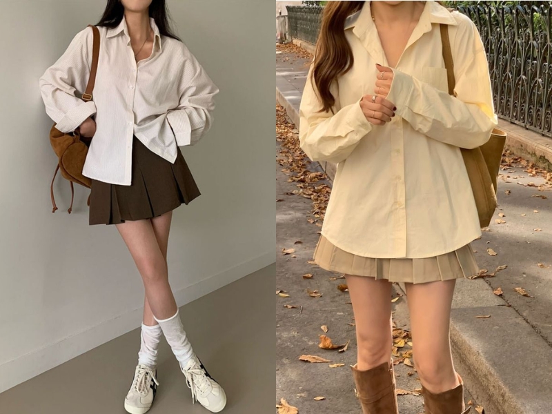 Phối chân váy xếp ly ngắn cho người lùn với áo sơ mi rộng