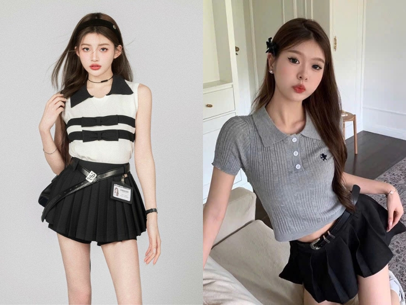 Chân váy xếp ly ngắn đen phối với áo polo