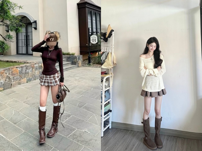 Phối chân váy xếp ly ngắn với boots cao cổ 