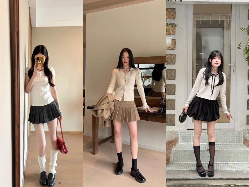 phối đồ với chân váy xếp ly ngắn mùa đông