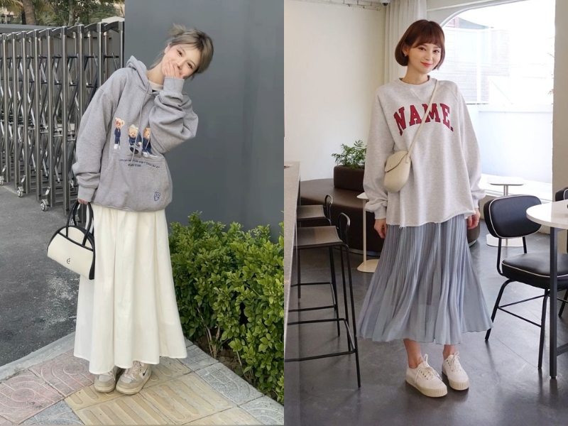 Kết hợp chân váy xếp ly dài với áo hoodie 