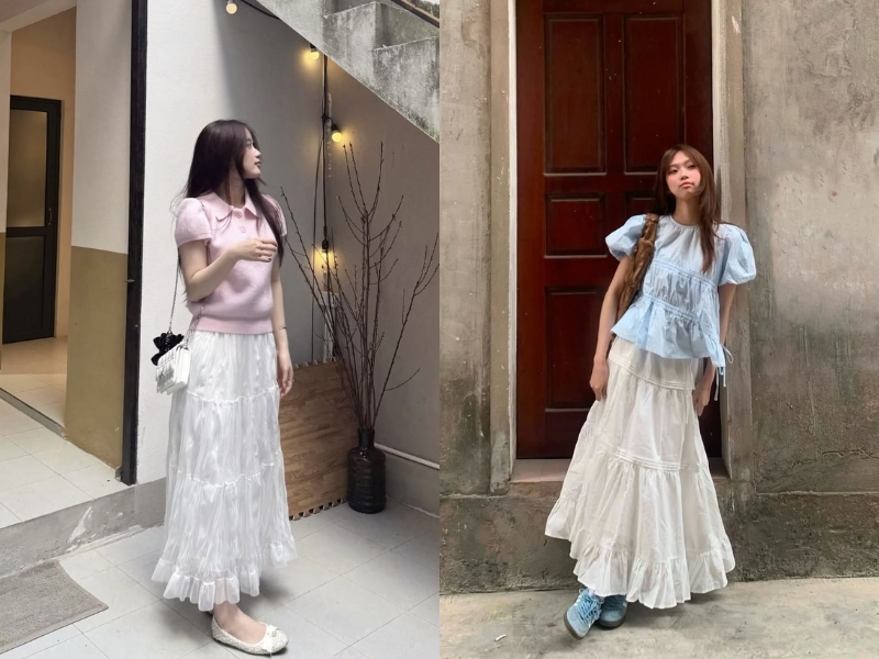Phối đồ với chân váy trắng dài mùa đông theo style tối giản với áo polo và áo babydoll 