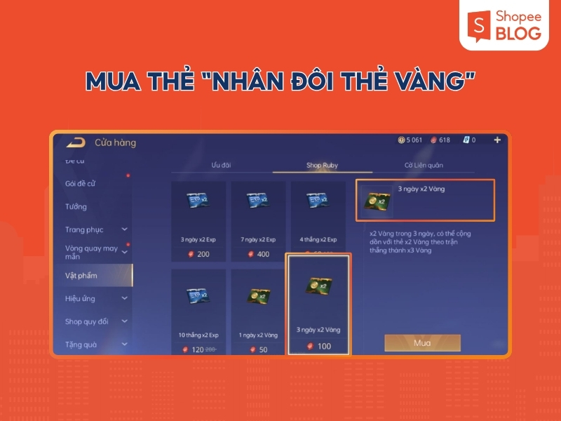 Bật thẻ nhân đôi vàng rồi spam rank, farm tài nguyên nhanh hơn 