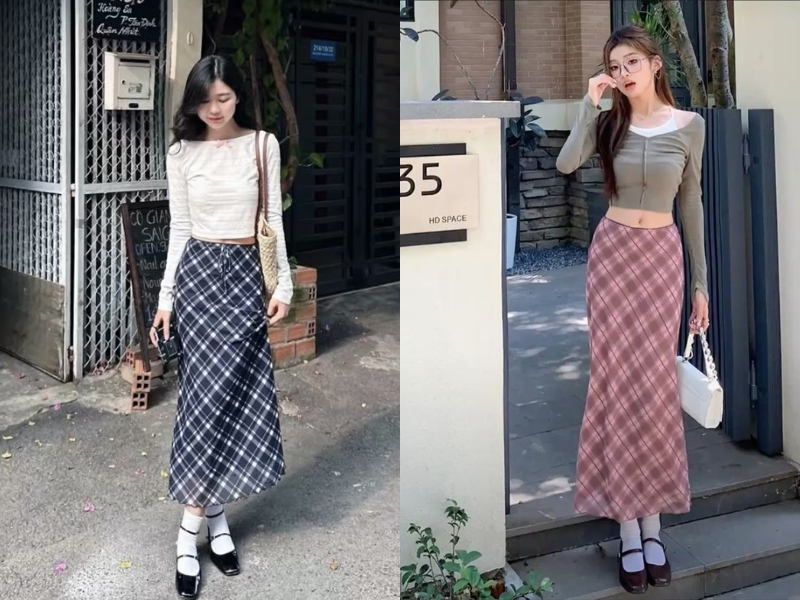Áo len và chân váy caro chữ A