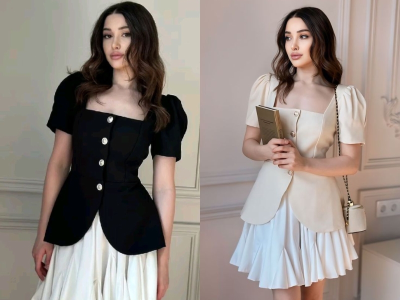 Chân váy xếp ly nhỏ phối áo cổ vuông nữ 