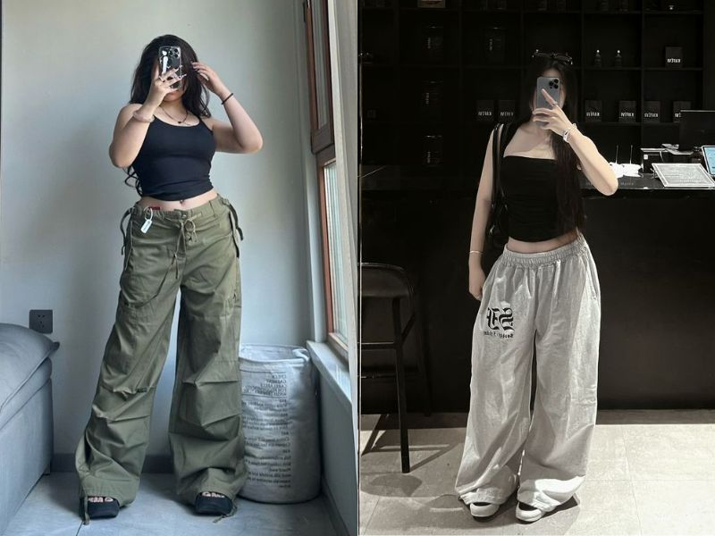 croptop áo cúp ngực quần baggy lùn mập