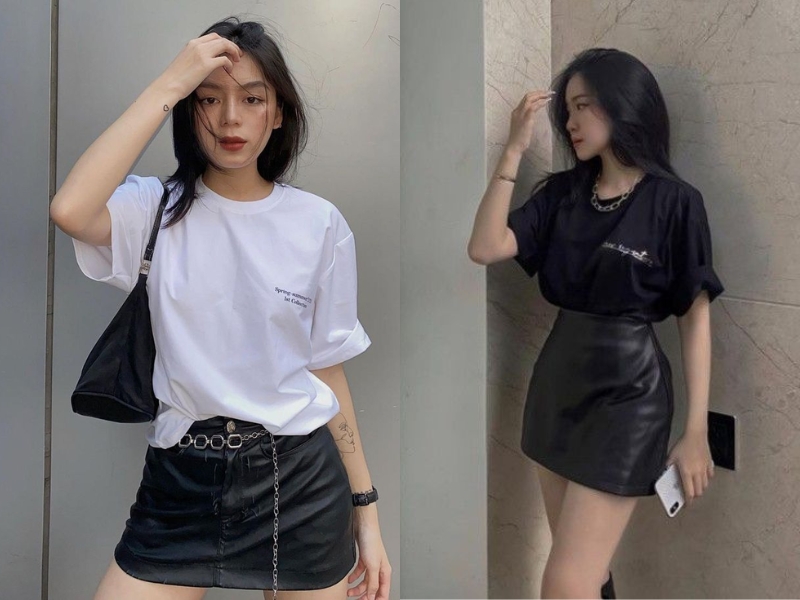 Chân váy da chữ A phối áo thun