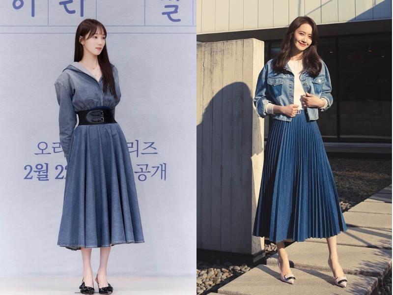 Mix chân váy xếp ly dài cùng áo denim 