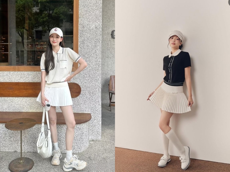 Phối chân váy xếp ly ngắn với áo polo 