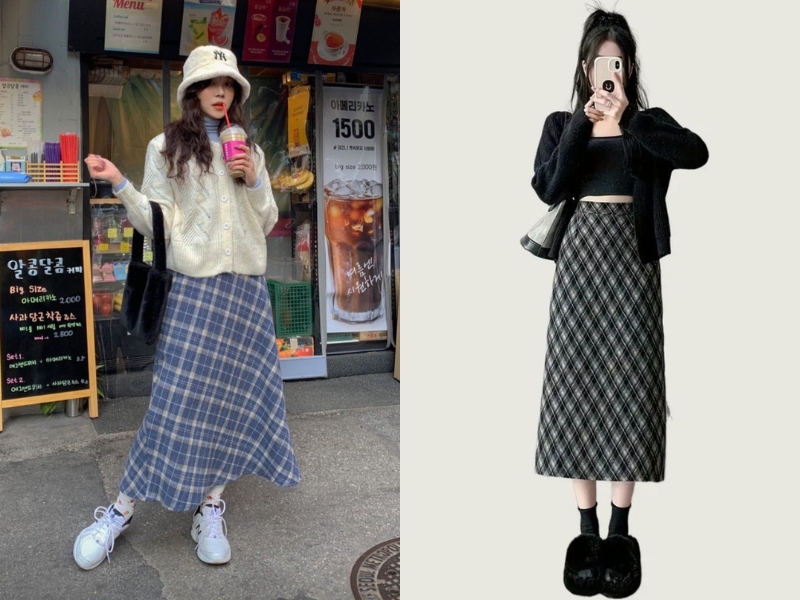 chân váy caro chữ A với cardigan