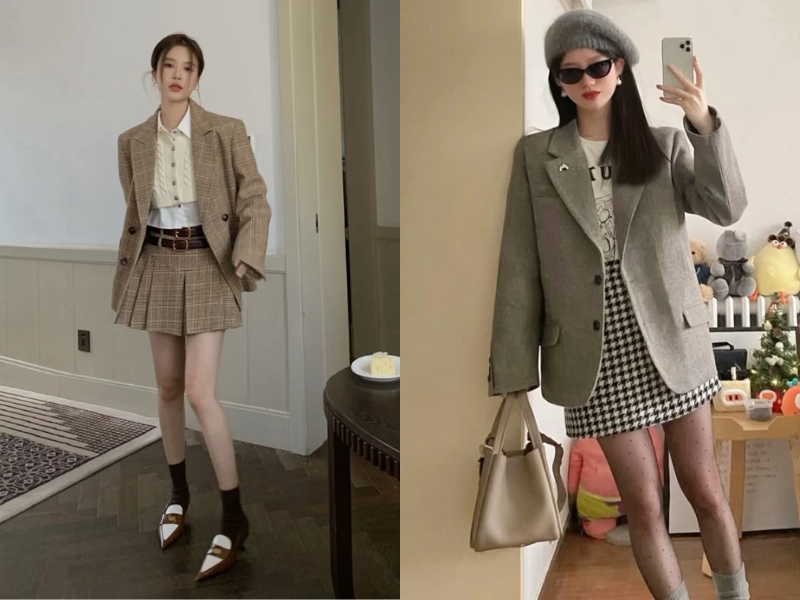 Blazer phối cùng chân váy caro chữ A
