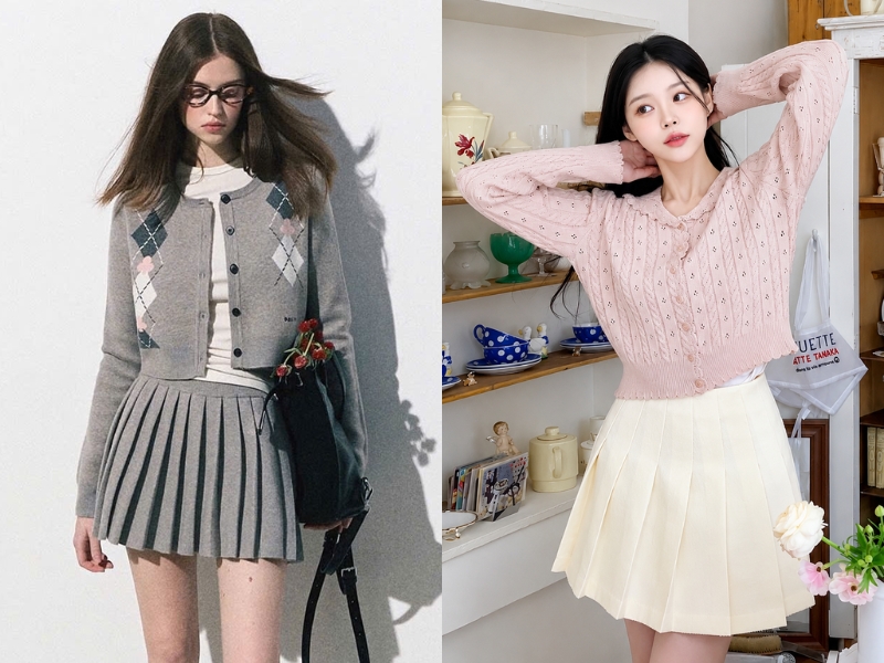 Phối chân váy xếp ly ngắn với áo cardigan 