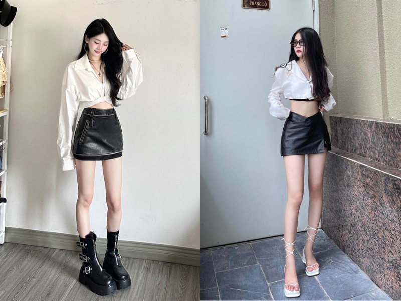 Mix chân váy da chữ A với croptop