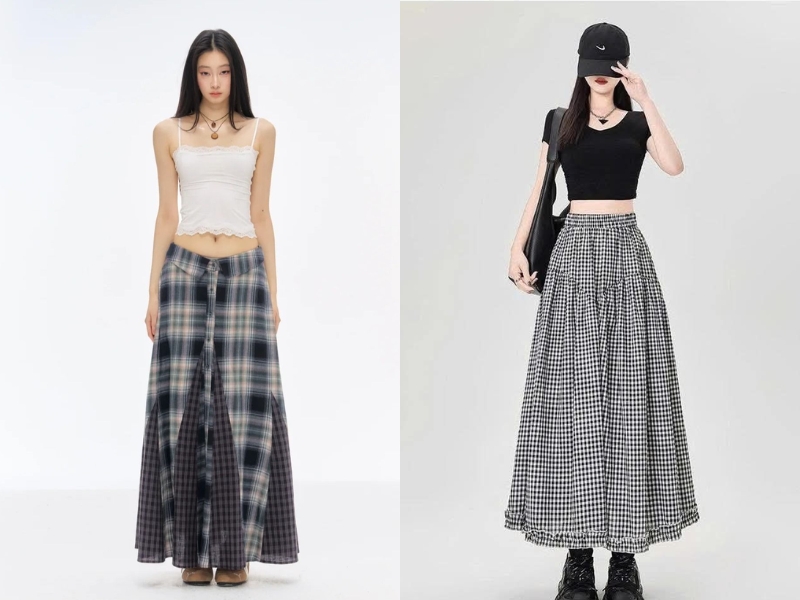 chân váy chữ A caro và áo croptop
