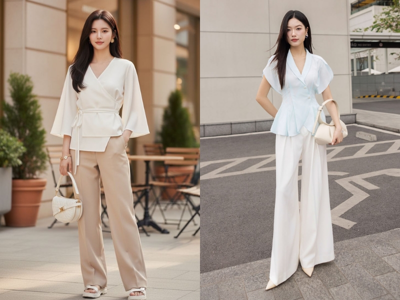 Quần ống đứng và áo cổ V công sở nấm lùn
