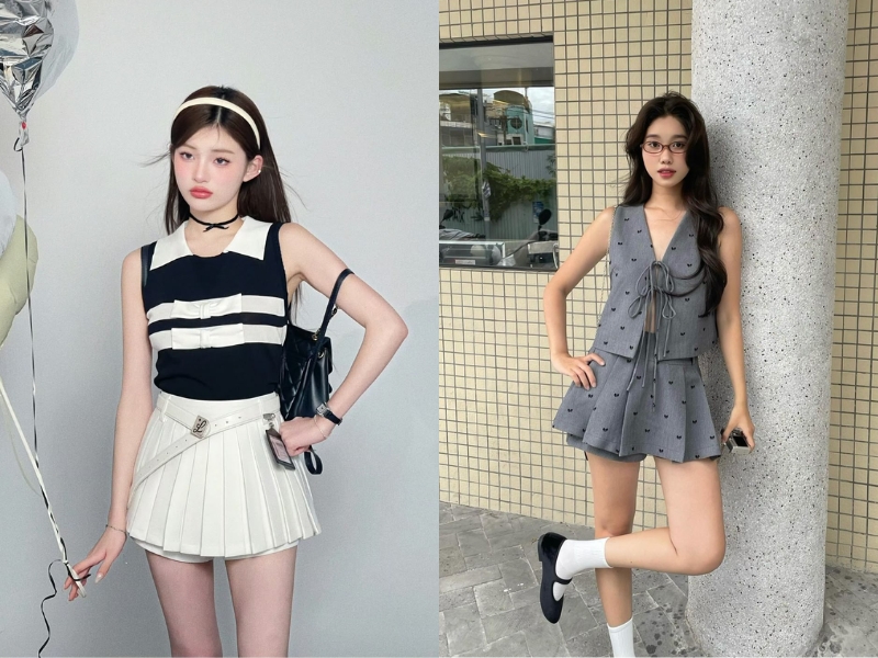 Mix chân váy xếp ly ngắn với áo sát nách trẻ trung mùa hè