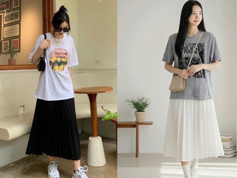 Phối chân váy xòe dài xếp ly với áo thun