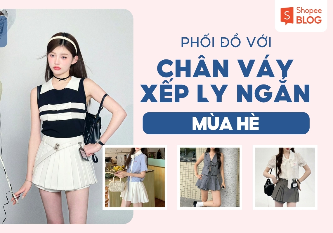 phối đồ với chân váy xếp ly ngắn mùa hè
