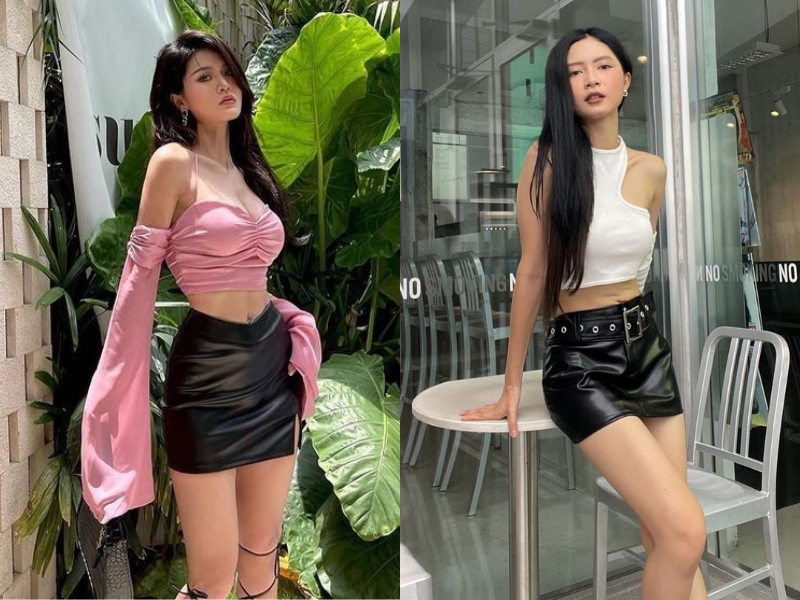 Phối chân váy da chữ A với áo hai dây 