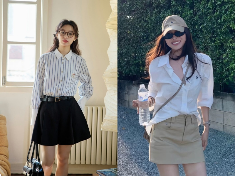 chân váy kaki chữ A và áo sơ mi