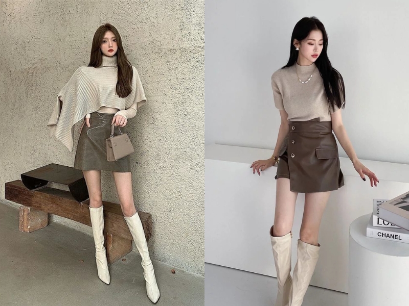 phối chân váy da chữ A với áo cổ lọ 