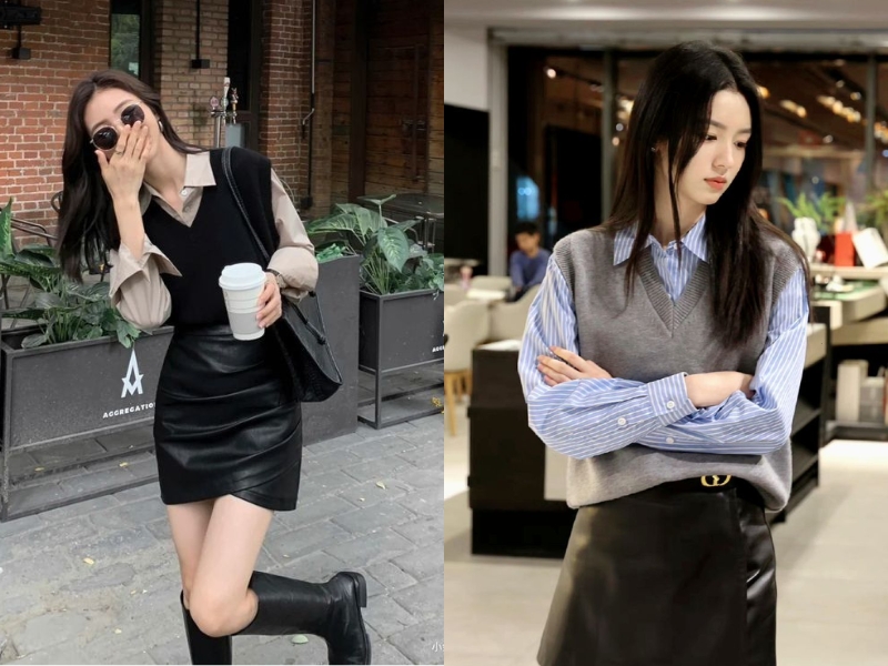 Chân váy da chữ A phối gile áo len