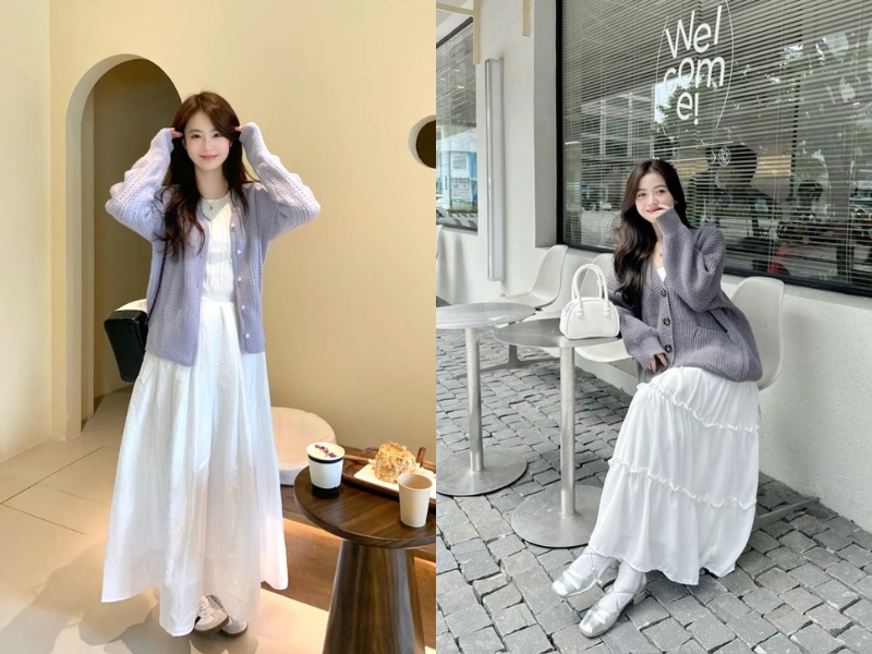 Phối chân váy trắng dài với áo len oversized nữ tính màu xám