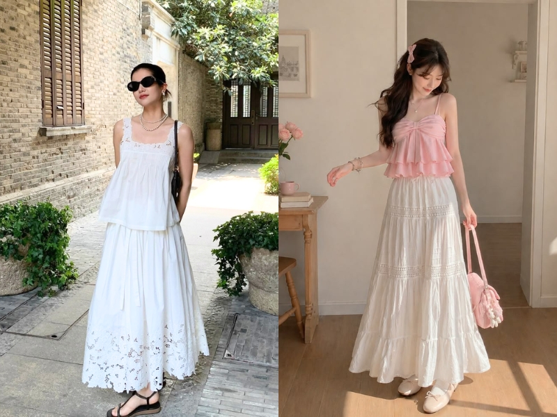 Mix chân váy xòe dài trắng với áo hai dây