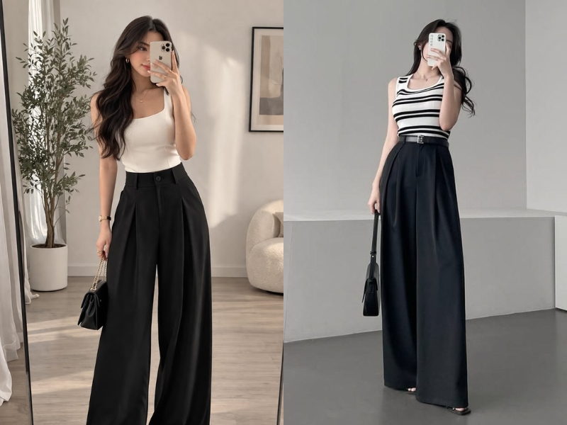 Phối quần tây đen ống rộng với áo hai dây
