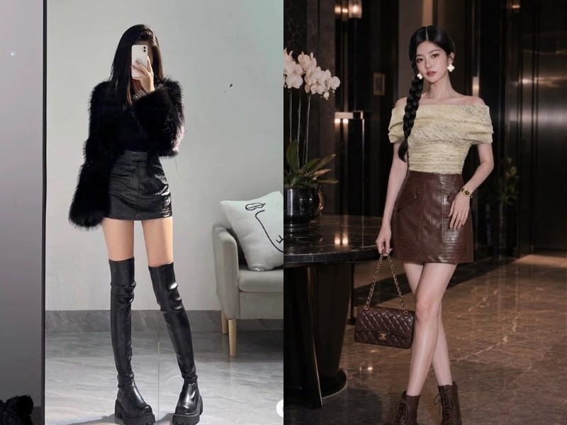 phối đồ với chân váy da chữ A 