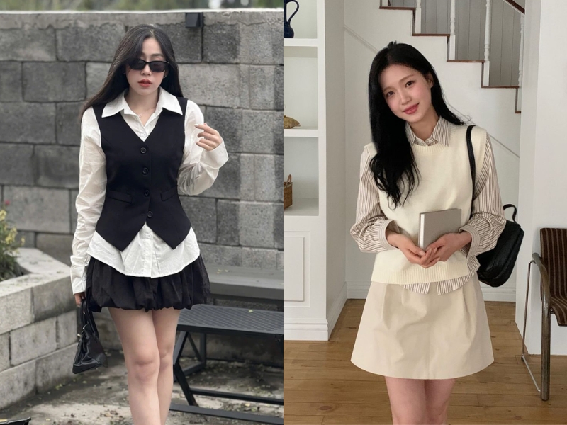 Set áo gile và chân váy ngắn công sở cho nấm lùn