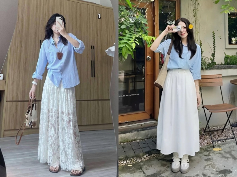 Kết hợp chân váy trắng dài với sơ mi tay dài màu xanh
