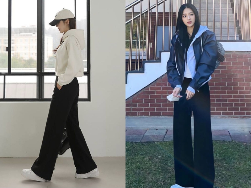 Quần tây đen ống rộng phối hoodie 