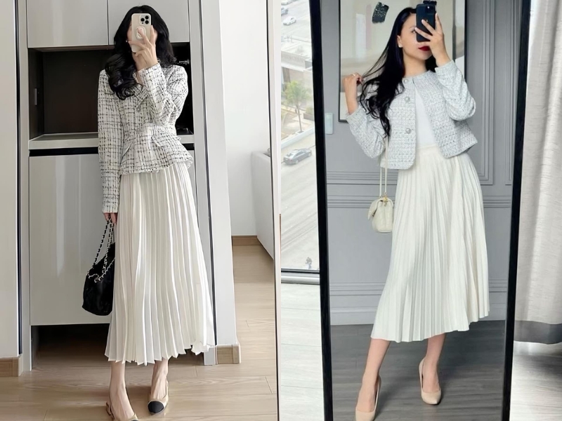 Mix chân váy trắng dài cùng áo dạ
