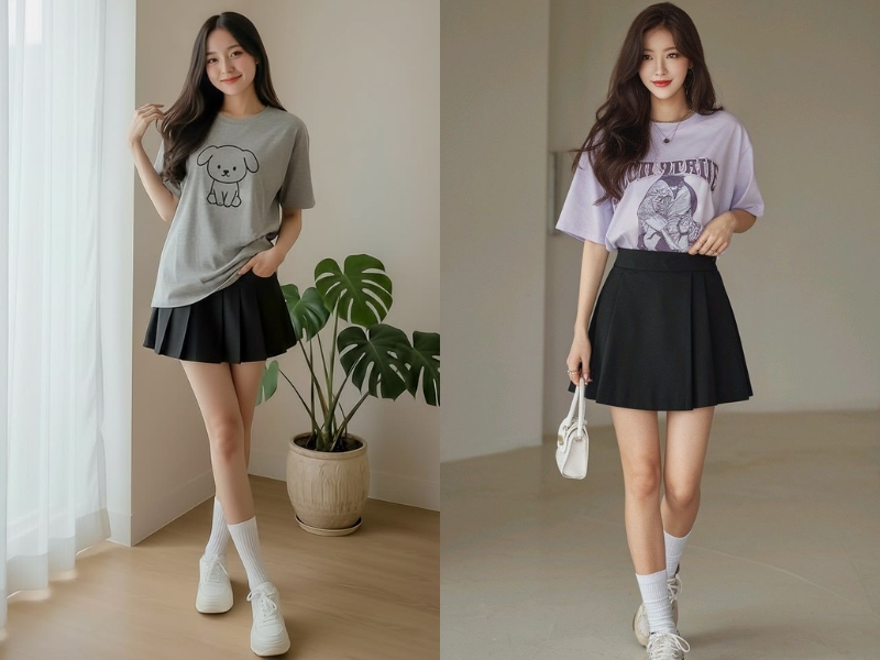 Chân váy xếp ly ngắn đen phối với áo thun basic