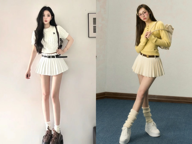 Mix chân váy xếp ly ngắn màu trắng với áo thun len