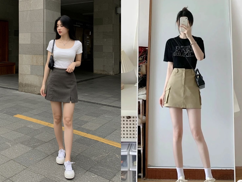 Phối chân váy kaki chữ A với áo thun basic