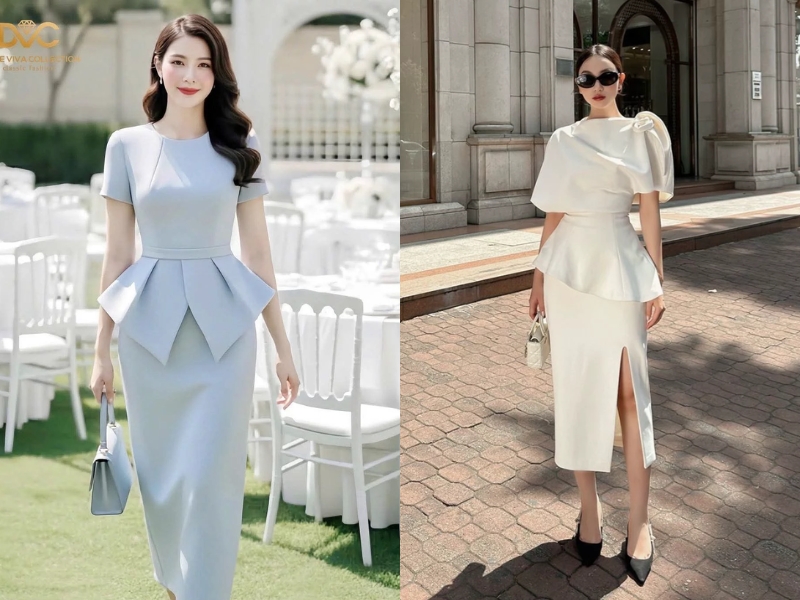 Áo peplum và chân váy ôm cạp cao 