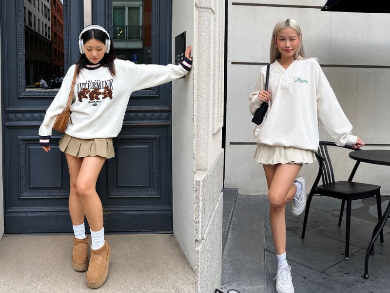 Mix chân váy xếp ly ngắn với hoodie