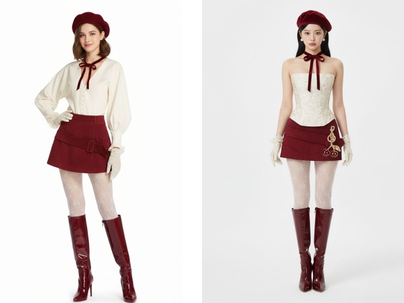 Chân váy len chữ A phối boots cao cổ