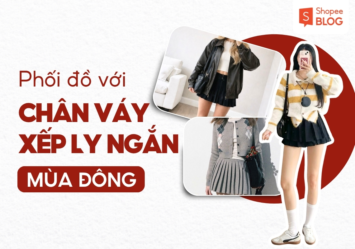 phối đồ với chân váy xếp ly ngắn mùa đông