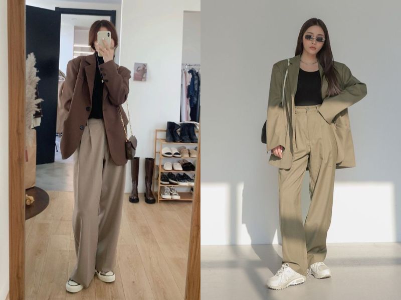 blazer quần kaki ống suông