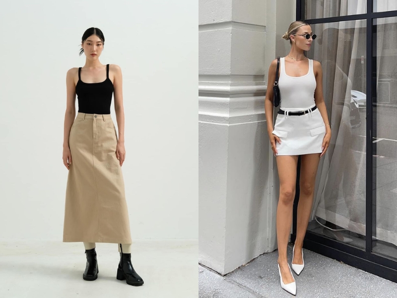 váy kaki chữ A phối cùng áo hai dây nữ tính
