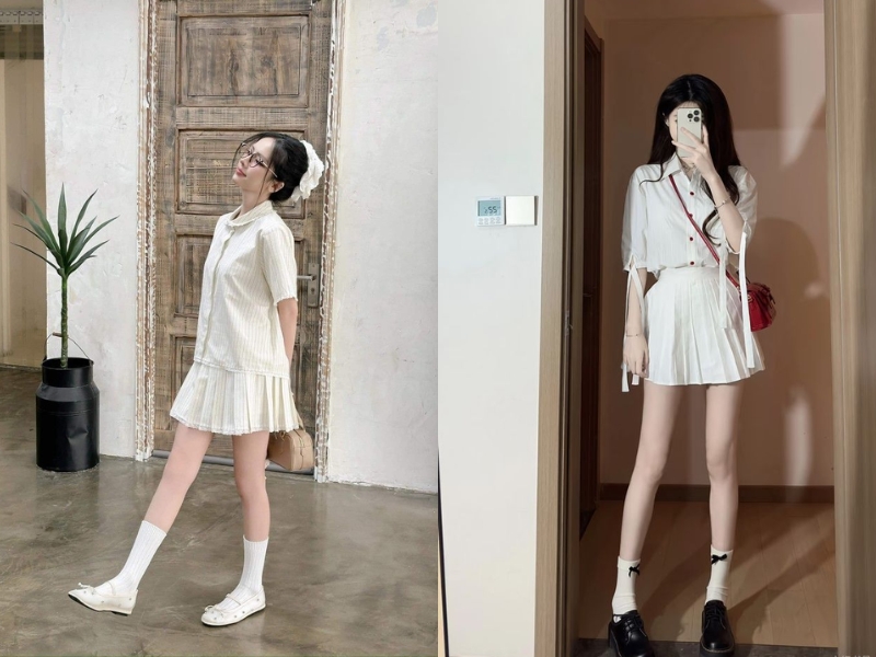 Phối chân váy xếp ly ngắn và áo sơ mi thanh lịch 