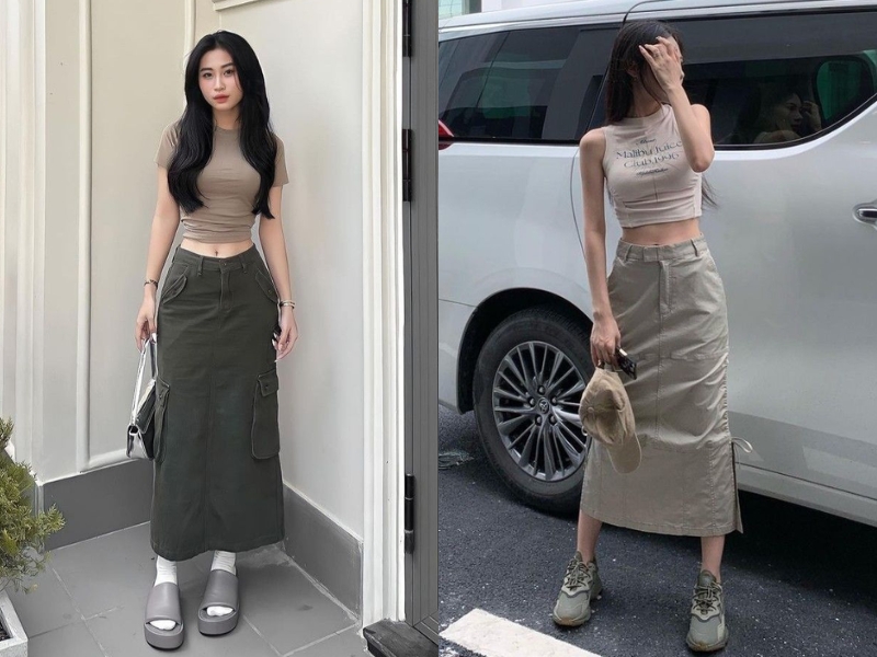 Mix chân váy kaki chữ A cùng croptop