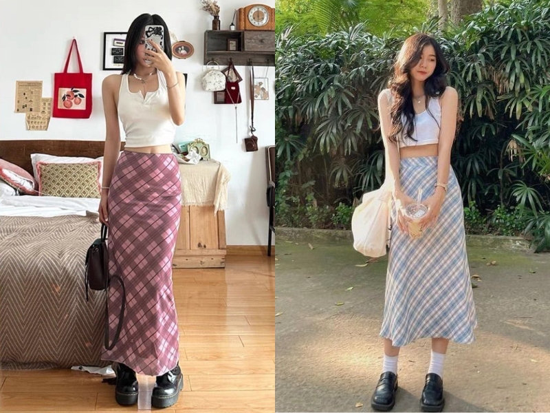 chân váy caro chữ A với áo hai dâ