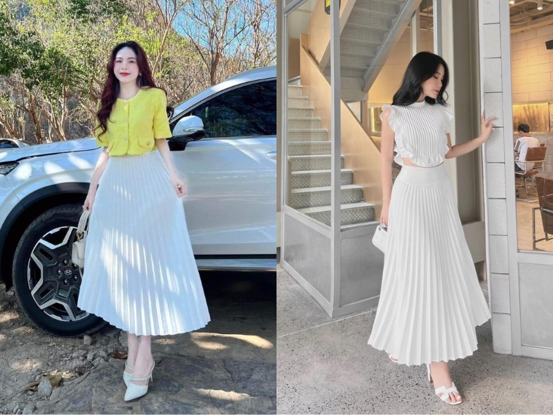 Phối chân váy xếp ly dài với áo croptop 