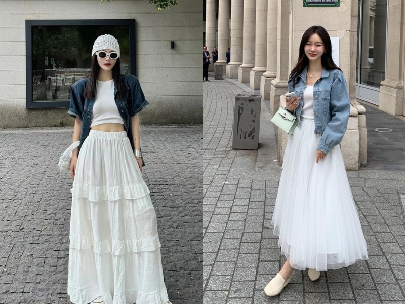 Phối chân váy chữ A trắng với áo denim